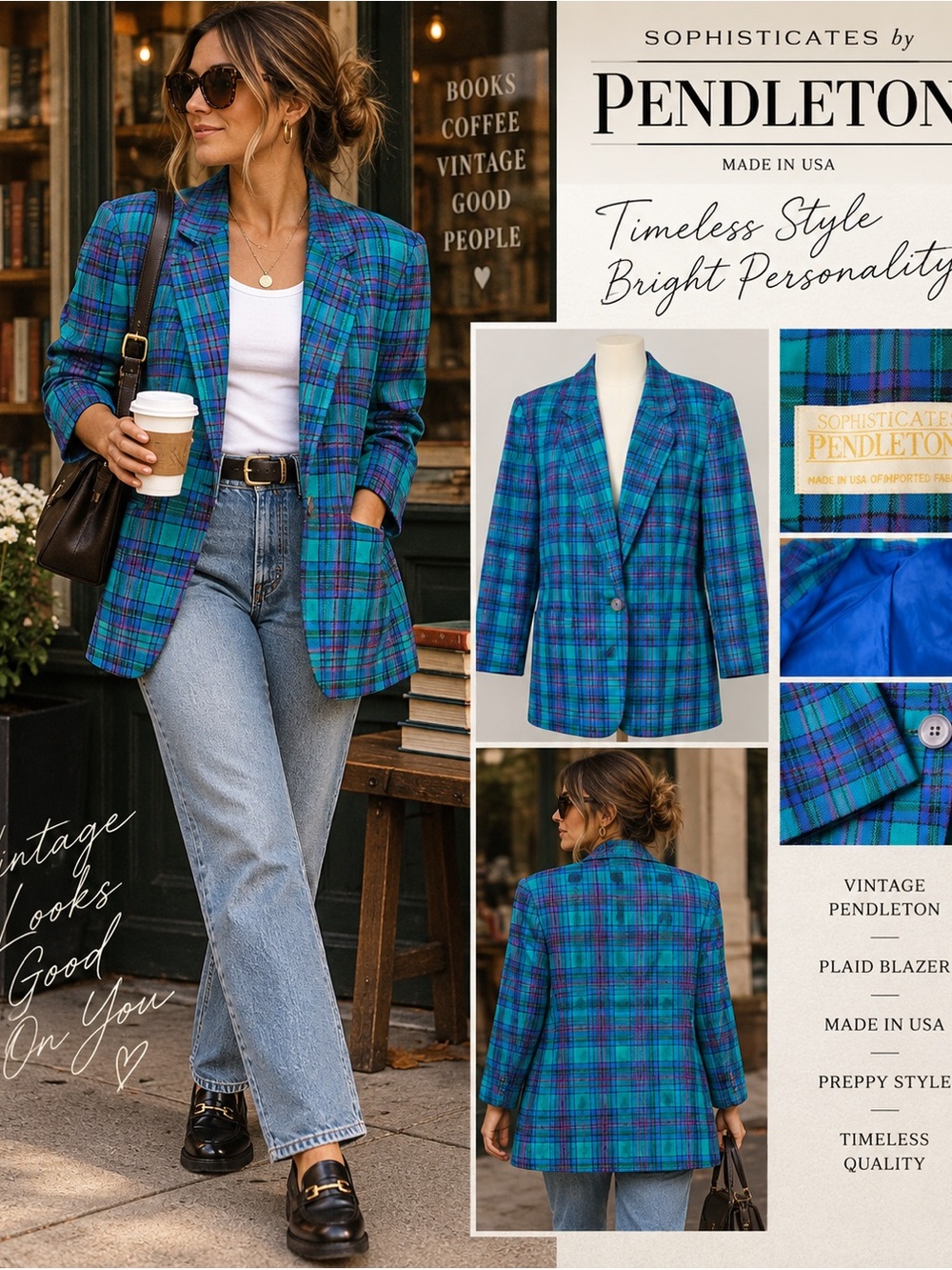 Vintage Pendleton Plaid Blazer Teal Purple Jacket Size Large Made in USA